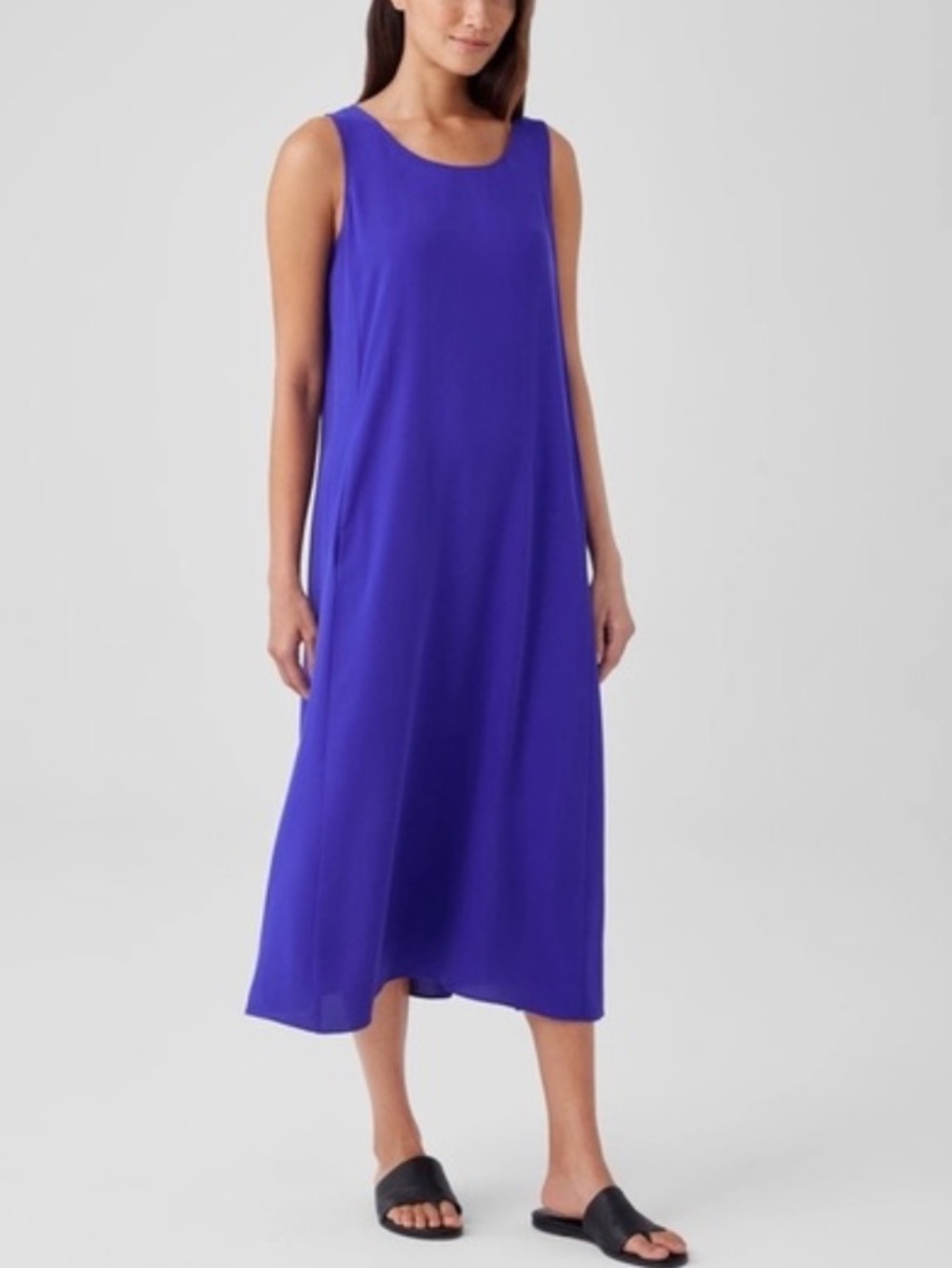 Eileen Fisher Silk Georgette Crepe Ballet Neck Sleeveless Midi Dress